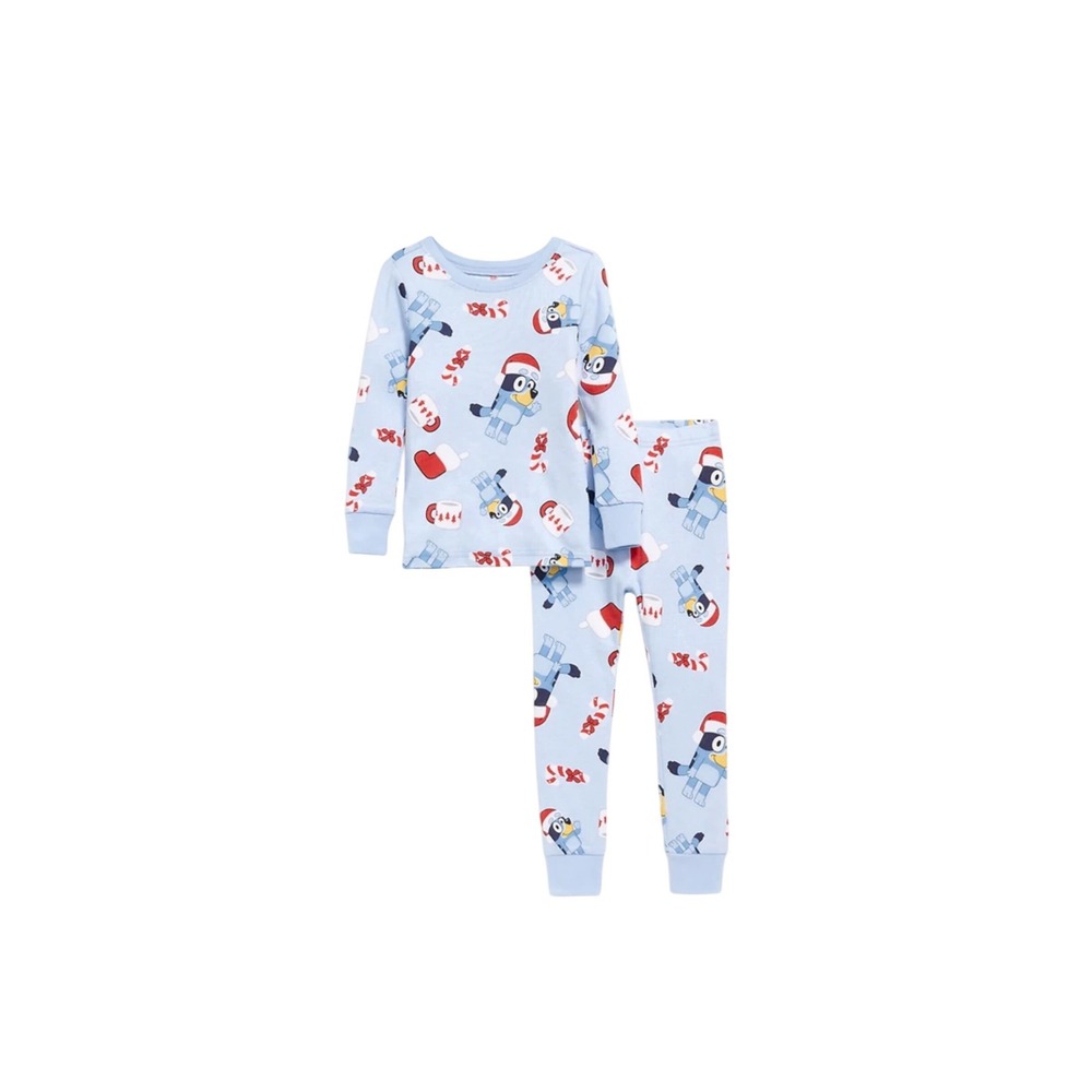 Bluey Kids Christmas Pajamas 2-Piece Set Blue Holiday Santa Hat 12-18M NEW